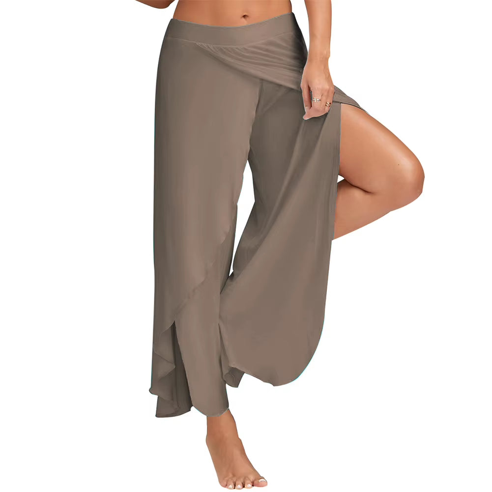 Women plus Size Wide Leg Pants Loose Fitness Dance Yoga Split Trousers Female Elastic Wasit Casual Workout Solid Summer Clothing