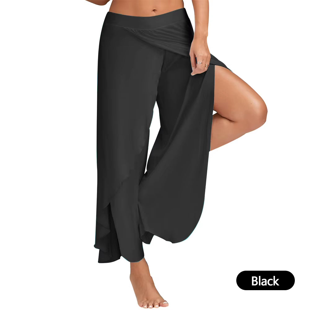 Women plus Size Wide Leg Pants Loose Fitness Dance Yoga Split Trousers Female Elastic Wasit Casual Workout Solid Summer Clothing