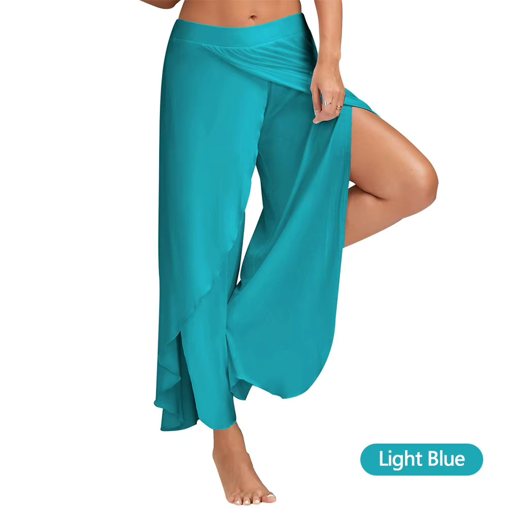 Women plus Size Wide Leg Pants Loose Fitness Dance Yoga Split Trousers Female Elastic Wasit Casual Workout Solid Summer Clothing