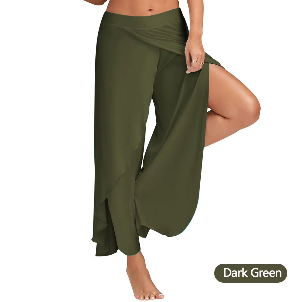 Women plus Size Wide Leg Pants Loose Fitness Dance Yoga Split Trousers Female Elastic Wasit Casual Workout Solid Summer Clothing