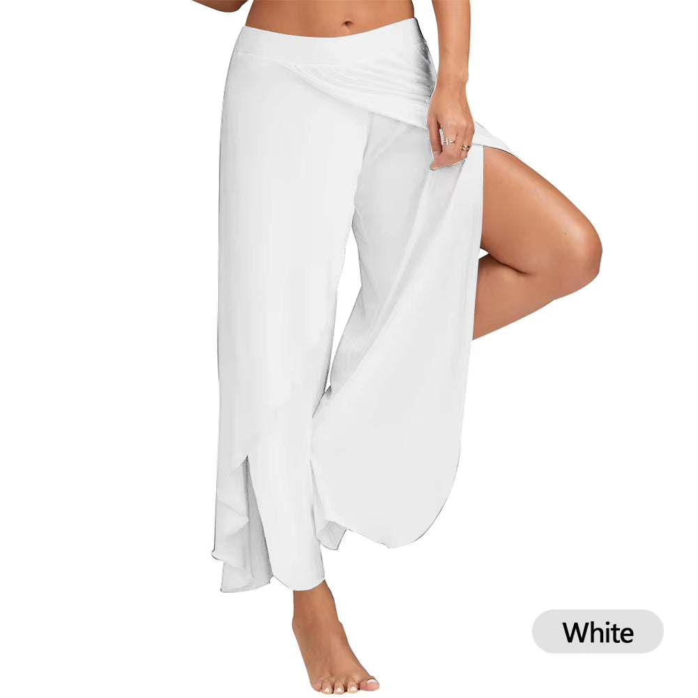 Women plus Size Wide Leg Pants Loose Fitness Dance Yoga Split Trousers Female Elastic Wasit Casual Workout Solid Summer Clothing