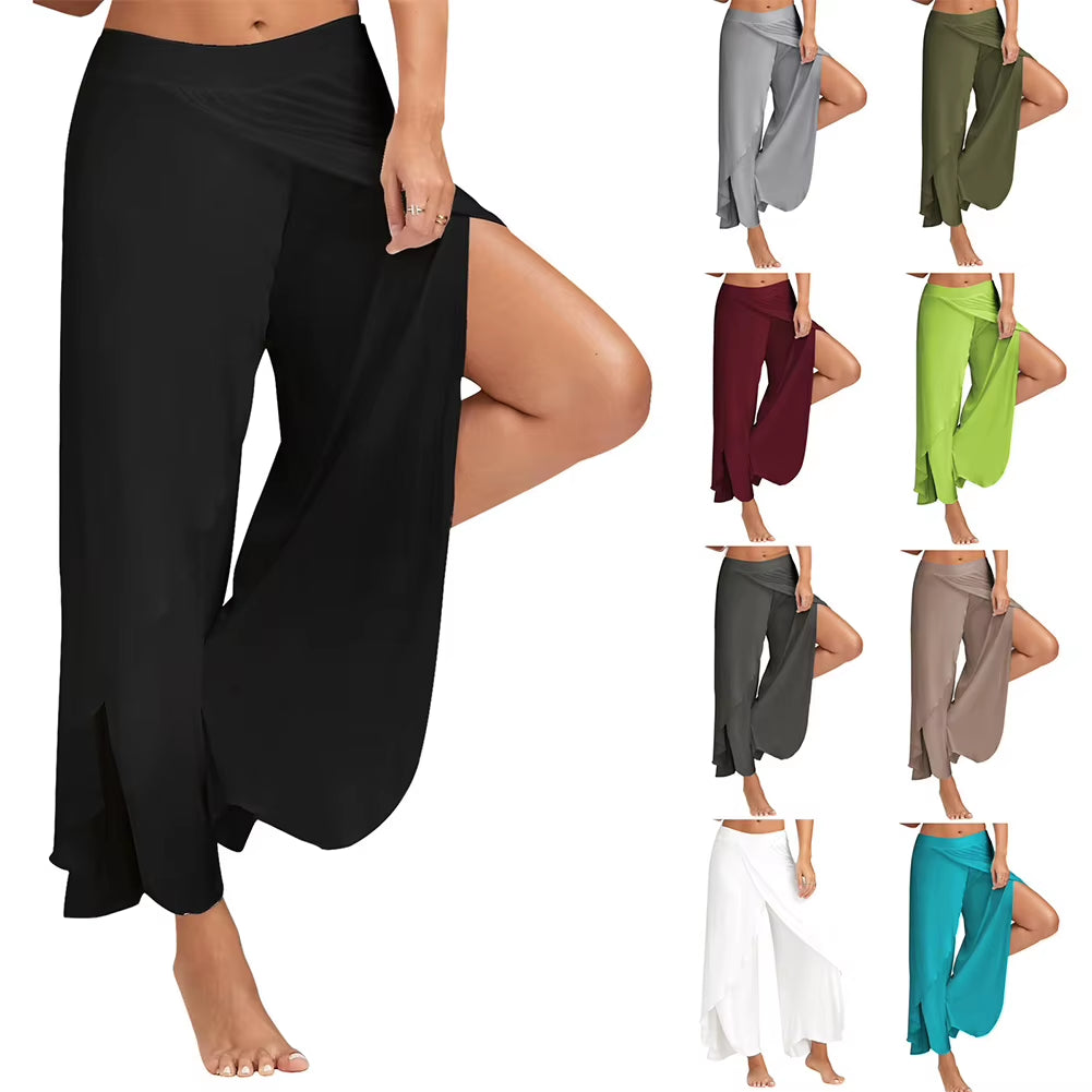 Women plus Size Wide Leg Pants Loose Fitness Dance Yoga Split Trousers Female Elastic Wasit Casual Workout Solid Summer Clothing